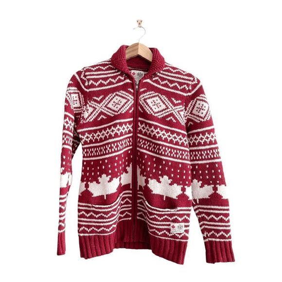 Hudson’s Bay Womens Jacket Full Zip Fair Isle Lambswool Red White Size Medium - Picture 1 of 6